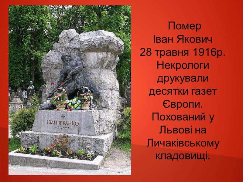 Помер  Іван Якович  28 травня 1916р.  Некрологи друкували десятки газет Європи.